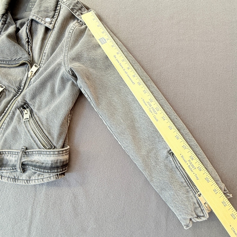 All Saints Denim Moto Jacket Women 8 Faded Black Belted Biker Asymmetrical Zip - Picture 13 of 14
